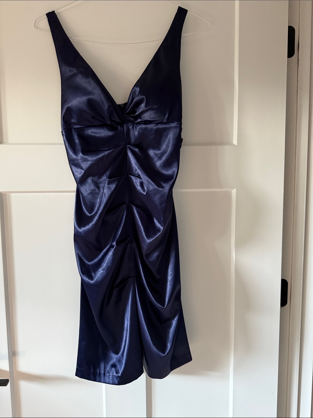 Onyx Navy Satin Midi Dress with Ruched Front